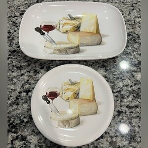 CERAMISIA Made in ITALY Serving Plate Wine Cheese Motif Rectangle Set Of 2